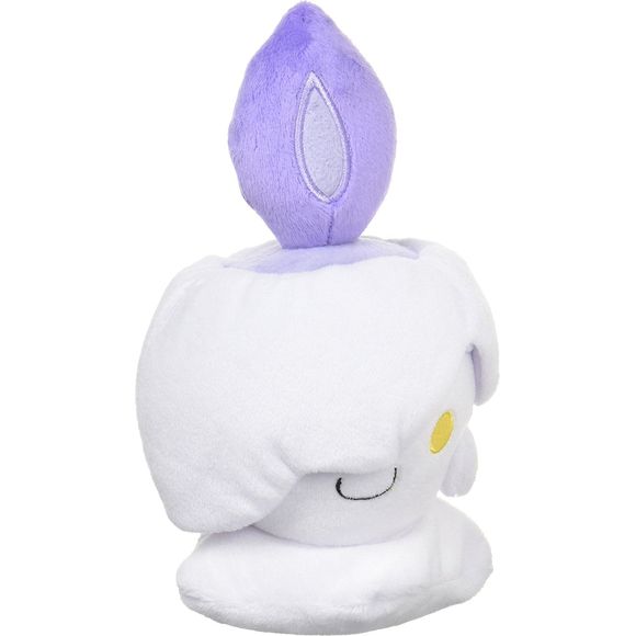 Litwick is a small, candle-like Pokémon with a purple flame atop its head, which is powered by life energy that it absorbs. Its body and two stubby arms are made of primarily of white wax. The folded, melted wax lays over its right eye, and leaves only the bright yellow left eye visible. It has a small smile under a protruding upper lip. Litwick pretends to guide people and Pokémon around by illuminating darkened areas. However, it is actually sucking away their life energy and leading them to the Ghost Wor