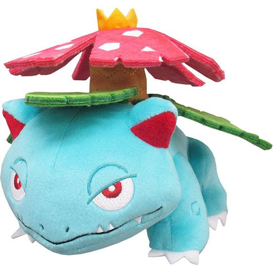 Venusaur is a squat, quadruped Pokémon with bumpy, blue-green skin. It has small, circular red eyes, a short, blunt snout, and a wide mouth with two pointed teeth in the upper jaw and four in the lower jaw. On top of its head are small, pointed ears with reddish pink insides. It has three clawed toes on each foot. The bud on its back has bloomed in a large pink, white-spotted flower. The flower is supported by a thick, brown trunk surrounded by green fronds. A female Venusaur will have a seed in the center