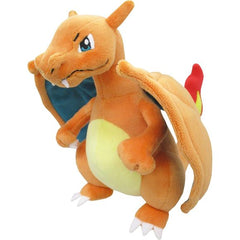 Charizard is a draconic, bipedal Pokémon. It is primarily orange with a cream underside from the chest to the tip of its tail, which burns with a sizable flame. Charizard has a long neck, small blue eyes, raised nostrils, and two horn-like structures protruding from the back of its rectangular head. There are two fangs visible in the upper jaw when its mouth is closed. Two large wings with blue-green undersides sprout from its back, and a horn-like appendage juts out from the third joint of each wing. Chari