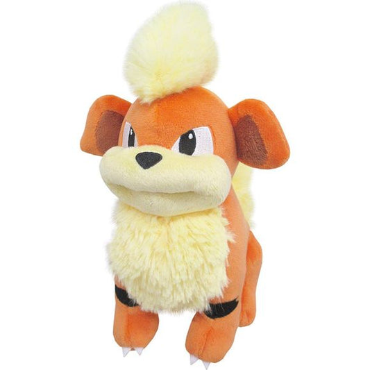 Growlithe is a quadruped, canine Pokémon. It has orange fur with black stripes along its back and legs. The fur on its muzzle, chest, belly, and tail is cream-colored, as well as an additional tuft of fur on top of its head. Growlithe's coat is noticeably longer on its chest and tail. It has gray eyes, a black nose, and large, round ears. Its forepaws have two visible claws, while its hind paws have three toes each. Each paw has a brown pad. Approx. Size: 4"L x 6"W x 7"H