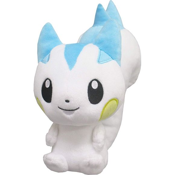 Pachirisu is a small, white squirrel-like Pokémon with a faint blueish tint and a light blue stripe starting from its forehead and goes all the way down to the tip of the tail. A female Pachirisu's blue stripe is shorter than a male's. A large white tooth grows out of its mouth. It has deep gray eyes and a yellow circle on each cheek. Its tail is almost twice as big as its body, with three spikes at the top of the curl, which it can use to shoot charges. Though its arms and legs are very short, it can run i