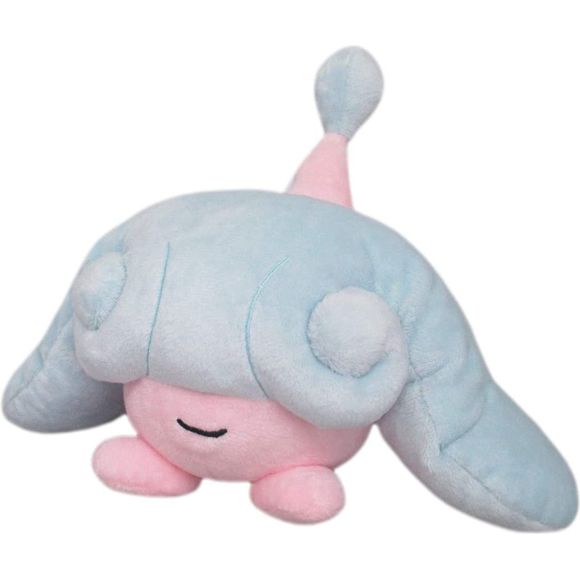 Hatenna is a small Pokemon with a round pink body and a pair of small feet. Most of its body is covered by a blue wig-like feature with a pink, hat-like erect tail. Approx. Size: 5"L x 8"W x 8"H.