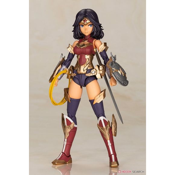 One of The Big Three of DC COMICS, Wonder Woman returns as a plastic model kit based on a new original illustration by the beloved Fumikane Shimada!

Three face parts are included (normal front-facing, normal left-facing, and yelling).
Sword, shield, the Lasso of Truth, various armor parts, shield effect parts, and a simple base are included in this kit. 
Each joint has a wide range of flexibility to allow for diverse posing such as crossing the arms like in the comics. 

*This product is a plastic mo