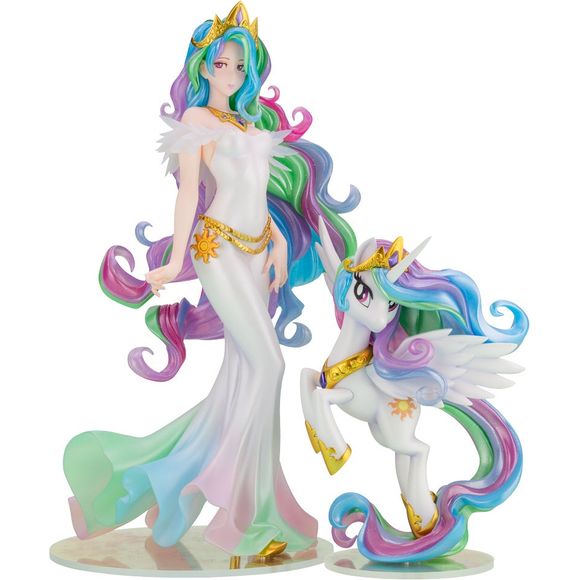 Twilight Sparkle’s mentor, the ruler of Equestria, and the most magical pony, Princess Celestia, is joining the stylized Bishoujo figure line of My Little Pony characters! She is adorned in a dress designed by Shunya Yamashita, painted in soft pearl finish with a gorgeous color gradation. Princess Celestia’s mystical flowing hair is made of clear plastic filled with glitter and painted with a matching pearlescent finish to bring out a soft and gentle texture like that of warm sunlight. The statue fully capt