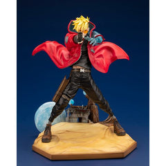 "Feared as ""The Humanoid Typhoon,"" the legendary gunman with a bounty of $$6,000,000 joins Kotobukiya’s ARTFX J lineup!

Vash the Stampede from the anime TRIGUN STAMPEDE comes to life gripping his gun, staring down its barrel right into his enemy’s eyes.

The sculptor has spared no expense in order to meticulously create this elaborate piece, which includes various must-see features, such as his billowing and vividly colored coat, his cybernetic arm that strikes the perfect balance between robotics and el