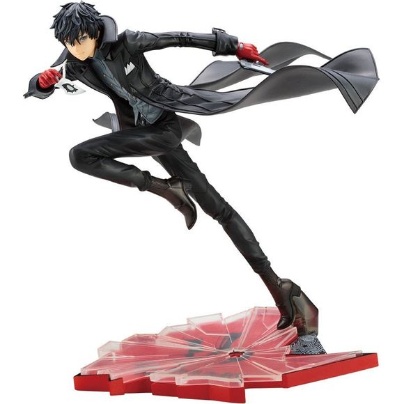 The leader of the Phantom Thieves of Hearts runs forward, his black coat trailing behind him as he pulls off his mask and holds a gun ready in his left hand. Approx. 8.97" inches (230mm). Made of PVC and ABS. Beautifully sculpted in 1/8 scale, including a special base with a simulated broken glass look.