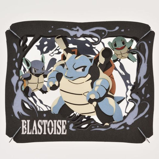 Ensky Paper Theater is a great way to see your favorite scenes come to life. This Pokemon Paper Theater features Blastoise along with its prior forms in its element. Each layer has laser cut percise pieces that come together to create a complex and beautiful scene. Assembly and glue are required.