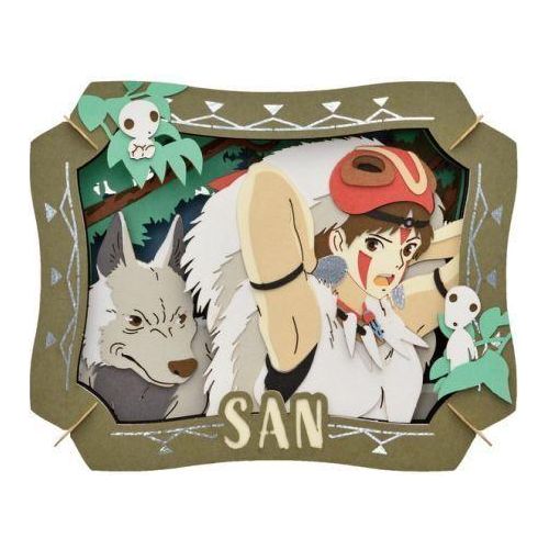 Paper craft set of Princess Mononoke. This set comes with all the pieces needed and instructions on how to build the small paper theater set.
This set depicts San and Moro. Enjoy the fun in making the paper craft set and decorating your room with the completed craft!