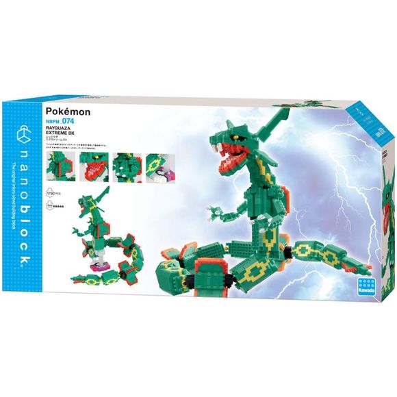 Rayquaza Extreme Deluxe Edition from Nanoblock's Pokemon Series stands approximately 8.25" tall and has a whopping 1,790 pieces! It is the most advanced nanoblock Pokemon set to date. Difficulty level is 5. 
Nanoblock is a micro-sized building block designed in japan since 2008. Fun to build, Attractive to display, interesting to collect. a piece of nanoblock is the start of infinite creativity.