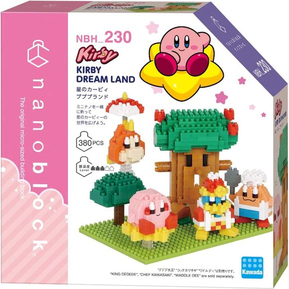 Kirby's Dream Land from Nanoblock's Sights to See series stands approximately 3.30" tall and has 400 pieces. Display Kirby and Whispy Woods alone, or add other characters from the Kirby Nanoblock Mininano series (sold separately). The difficulty level is 3. This kit features all the details one would expect.