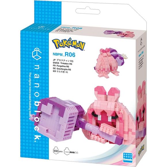 Tinkaton from Nanoblock's Pokémon RS Series stands approximately 2.36" tall and has 690 pieces!

Difficulty level is 3 for ages 12+. This kit features all the details one would expect. The Pokémon Series RS (Round Style) features Pokémon characters made with larger builds and now include rounded style pieces (to replicate newer 3D style games) whereas the standard Pokémon series does not.