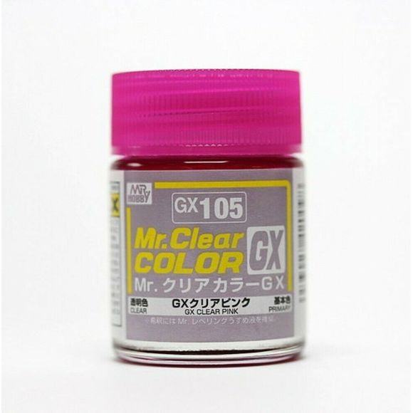 Mr. COLOR paint that features quick drying and strong coating for added appeal. This product displays brighter color development, effectively hides the surface color, and creates a stronger coating. We have also noticed a higher quality finished product without using “toluene” at all. This paint can be mixed with Mr. COLOR currently on the market and used with Mr. COLOR THINNER or LEVELING THINNER for dilution. GX105 Clear Pink. 18ml screw top bottle.

1 - 2 coats are recommended when brush painting
2 -