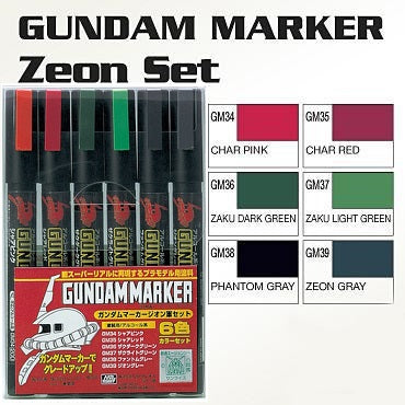 Set of six Gundam markers including the following colors: Char pink, Char red, Zaku dark green, Zaku light green, Phantom grey, and Zeon grey.