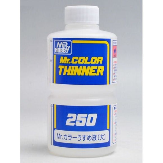 Mr Color Thinner is designed for use with Mr Color solvent based paints.  Can also be used with Mr Hobby Aqueous Hobby Color.  250 ml Bottle.

Advised thinning ratio for airbrushing is 1:1.5 > 1:2 (Paint:Thinner)