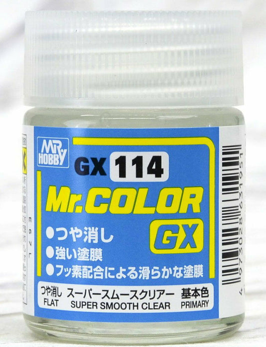 Mr. COLOR paint that features quick drying and strong coating for added appeal. This product displays brighter color development, effectively hides the surface color, and creates a stronger coating. We have also noticed a higher quality finished product without using “toluene” at all. This paint can be mixed with Mr. COLOR currently on the market and used with Mr. COLOR THINNER or LEVELING THINNER for dilution. GX114 Super Smooth Clear Flat. 18ml screw top bottle.

Continental US Shipping Only, ground tra