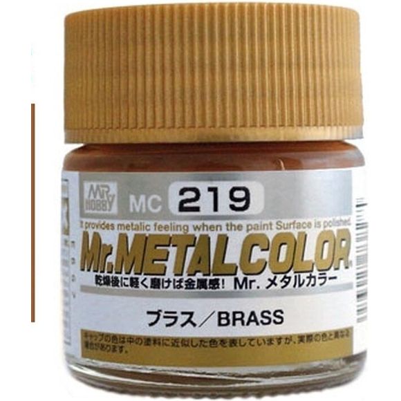 Mr Metal Color Brass, a buffable metal finish paint that can be applied by brush or airbrush (no thinning required), clean with water.  MC21p Brass. 10ml screw top bottle.