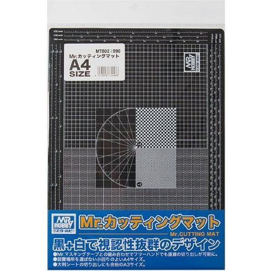 A quality cutting mat is a must-have for modelers, and now Mr. Hobby proudly presents their very own cutting mat! The black-and-white design gives outstanding visibility, and it works well with Mr. Masking Tape to allow you to cut straight lines accurately freehand. Scales corresponding from 1/12 to 1/700 are printed on four sides; the grids are 1mm and 2mm checkerboard squares. Made of sturdy 2mm-thick PVC resin. [Size]: 29.7cm (11.8") x 21cm (8.3"); 2mm thick.