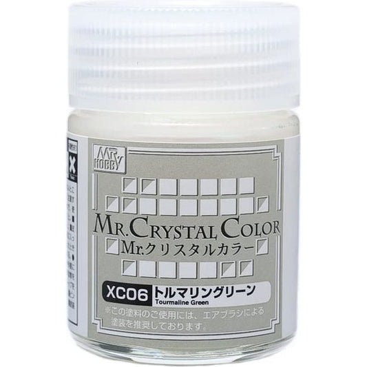 Mr. Crystal Color can offer a totally different dimension of metallic sense from existing pearl paint or metallic paint. The pearl color shows up in different shades depending on whether the base color is black or white. Moreover, when clear paint is used for over coating, an extra special metallic texture can be achieved. XC06 Crystal Color Tourmaline Green. 18ml Bottle. Continental USA Shipping only, unable to ship expedited on this product.