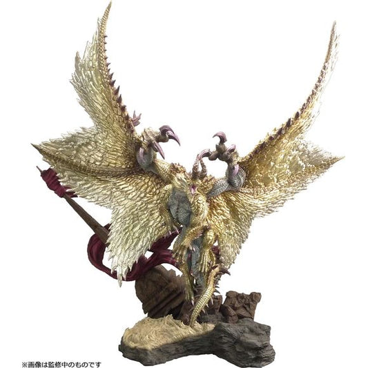 The Heavenly Revolving Dragon Shagaru Magala from "Monster Hunter Rise: Sunbreak" returns to Capcom's "Figure Builder Creator's Model" figure lineup! Its huge golden wings are on full, intimidating display as it screeches at its pursuer. Its base is in the image of the "forbidden land" that was its former habitat. 

Stands approximately 15” wide and 14.9” tall and 8.3" deep