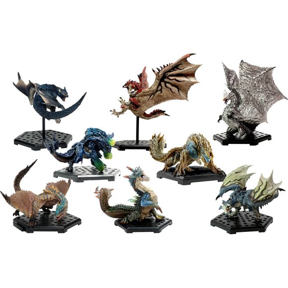 Capcom commemorates the 20th anniversary of the "Monster Hunter" game series with a lineup of intensely detailed miniature monsters! This luxurious lineup features previously released beasts ranging from "Monster Hunter (2004)" to "Monster Hunter 3 (2011)." Each one comes with a package art card; there are eight different magnificent monsters to collect and trade, you will receive all 8 figures