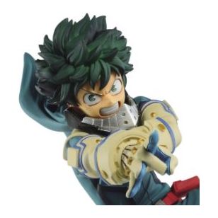 The thirteenth volume of the My Hero Academia The Amazing Heroes features this Deku figure from Banpresto! Standing about 6 inches (14cm) tall, the BNHA Izuku Midoriya statue is in a fighting pose while wearing his Hero Costume that has been painted with extreme detail.