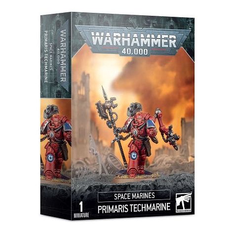 This kit builds one Primaris Techmarine. He is equipped with a grav-pistol, Omnissian power axe, servo-arm, mechadendrite, and a shoulder-mounted forge bolter. It is supplied in 24 plastic components and comes with a Citadel 40mm Round Base.