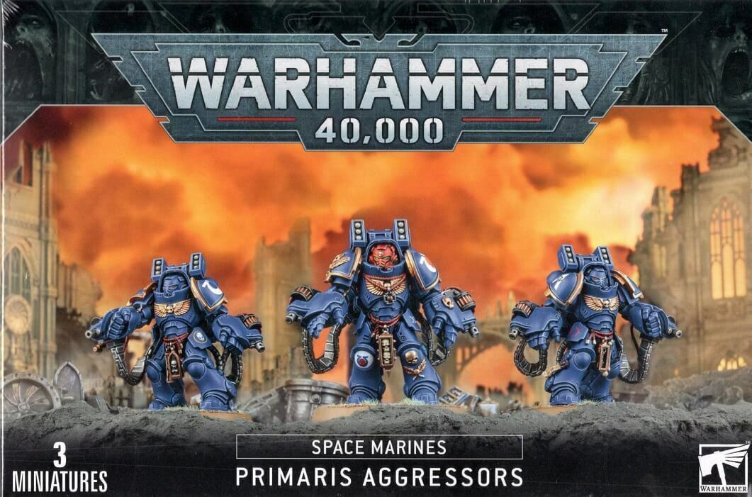 This multi-part plastic kit contains the components necessary to assemble a 3-man Primaris Aggressor Squad