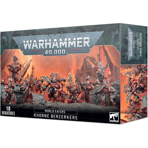 This multipart plastic kit builds 10 Khorne Berzerkers, including power packs, shoulder pads with sculpted designs, and 26 unique heads split between crested helmets or bare faces.

This kit comprises 141 plastic components, and is supplied with 10x Citadel 32mm Round Bases. Also included is a World Eaters Transfer Sheet, with 200 transfers featuring Khornate symbols, runic tattoos, eight-pointed stars, skulls, and variations on the World Eaters Legion icon. These miniatures are supplied unpainted and requi