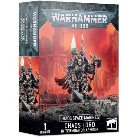 This boxed set contains 1 multi-part plastic Chaos Space Marines Terminator Lord, and includes options for a Chaos Space marines Terminator Sorcerer, combi-weapons, power weapons and more.