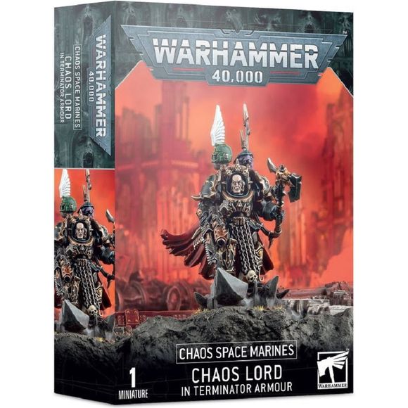 This boxed set contains 1 multi-part plastic Chaos Space Marines Terminator Lord, and includes options for a Chaos Space marines Terminator Sorcerer, combi-weapons, power weapons and more.