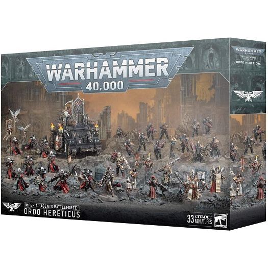 This set includes the following multipart plastic models:

– 1x Inquisitor Greyfax
– 1x Ministorum Priest
– 1x Immolator tank
– 10x Battle Sister Squad, with 1x Cherub
– 6x Inquisitorial Agents, with 1x Tome-skull
– 10x Adeptus Arbites, with 1x Cyber-mastiff, and 1x Nuncio-aquila

This set also includes 1x Adeptus Arbites Transfer Sheet, containing 297x high-quality waterslide transfers along with 2x Adepta Sororitas Transfer Sheets featuring a further 290x high-quality waterslide transfers, for you to add