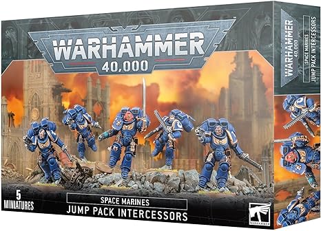 This multipart plastic kit builds five Jump Pack Intercessors