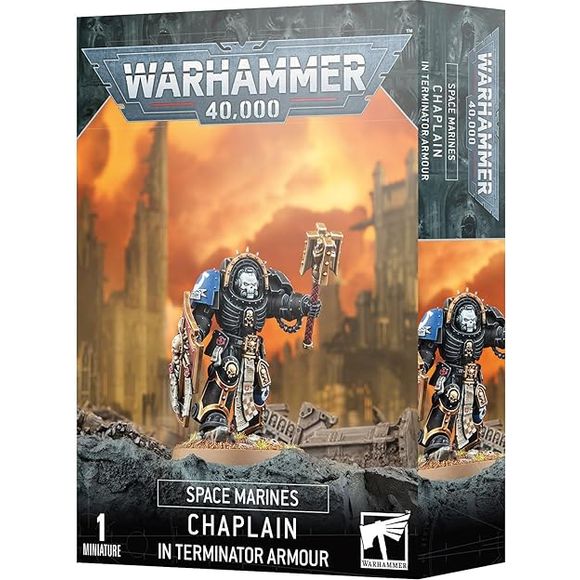 This multipart plastic kit builds one Space Marine Chaplain clad in durable Terminator armour.The kit also offers the choice of a helmet or a bare head with rebreather, both in the skeletal style of the Chaplains, as well as two different heads for the crozius.

This kit contains 25 plastic components, and 1x Citadel 40mm Round Base. This miniature is supplied unpainted and requires assembly – we recommend using Citadel Plastic Glue and Citadel Colour paints.