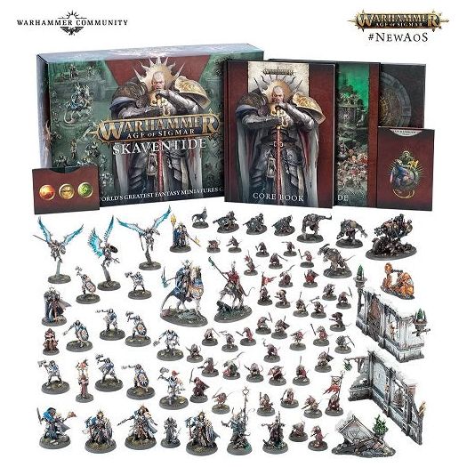 Releases July 13th, 2024. Order will not ship until then.
This massive launch box is packed to the brim with 74 jaw-dropping new miniatures divided between two factions. 

The Stormcast Eternals comprise 24 miniatures, with a command staff made up of an imperious Lord-Vigilant on Gryph-Staker, a solemn Lord-Terminos with attendant Memorian, a Lord-Veritant with Gryph-crow, and a Knight-Questor. The rank and file are made up of 10 indomitable Liberators , alongside three battle-hardened Reclusians with their