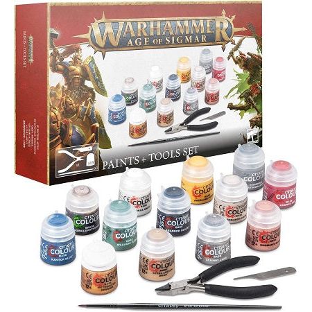 You’ll find 13 different Citadel Colour paints in 12ml pots, featuring the essential colours needed to paint your first models – they're particularly suited to Stormcast Eternals and Skaven miniatures. The set includes heavily-pigmented Base paints to form a strong foundation for your paint schemes, a Shade paint to add depth, and a Technical paint to add texture to your bases.

- Corax White (Base)
- Abaddon Black (Base)
- Averland Sunset (Base)
- Leadbelcher (Base)
- Kantor Blue (Base)
- Khorne Red (Base)