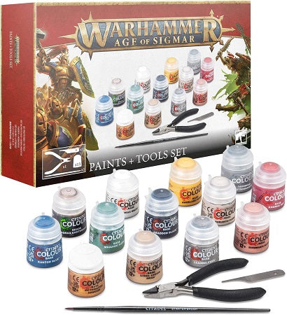 You’ll find 13 different Citadel Colour paints in 12ml pots, featuring the essential colours needed to paint your first models – they're particularly suited to Stormcast Eternals and Skaven miniatures. The set includes heavily-pigmented Base paints to form a strong foundation for your paint schemes, a Shade paint to add depth, and a Technical paint to add texture to your bases.

- Corax White (Base)
- Abaddon Black (Base)
- Averland Sunset (Base)
- Leadbelcher (Base)
- Kantor Blue (Base)
- Khorne Red (Base)