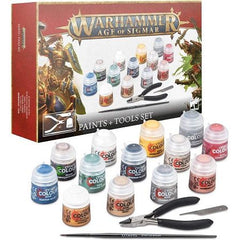 You’ll find 13 different Citadel Colour paints in 12ml pots, featuring the essential colours needed to paint your first models – they're particularly suited to Stormcast Eternals and Skaven miniatures. The set includes heavily-pigmented Base paints to form a strong foundation for your paint schemes, a Shade paint to add depth, and a Technical paint to add texture to your bases.

- Corax White (Base)
- Abaddon Black (Base)
- Averland Sunset (Base)
- Leadbelcher (Base)
- Kantor Blue (Base)
- Khorne Red (Base)