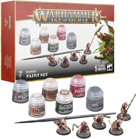 This set includes:

5x plastic, push-fit Skaven Clanrat miniatures and 5x Citadel 25mm Round Hex Hole Bases
1x Citadel Colour Starter Brush
6x Citadel Colour Paints:
– Khorne Red (Base)
– Steel Legion Drab (Base)
– Rakarth Flesh (Base)
– Leadbelcher (Base)
– Agrax Earthshade (Shade)
– Astrogranite (Technical)