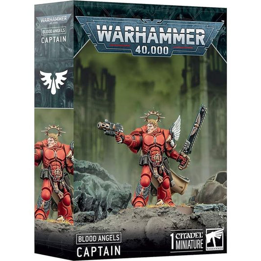 This multipart plastic kit builds a Captain clad in the distinctive finery of the Blood Angels. The left arm wields a power fist, chainsword, or relic weapon. The right can hold a heavy bolt pistol or inferno pistol. There's an optional cloak, three head options, three sculpted shoulder pad icons, and two different toppers for the backpack.