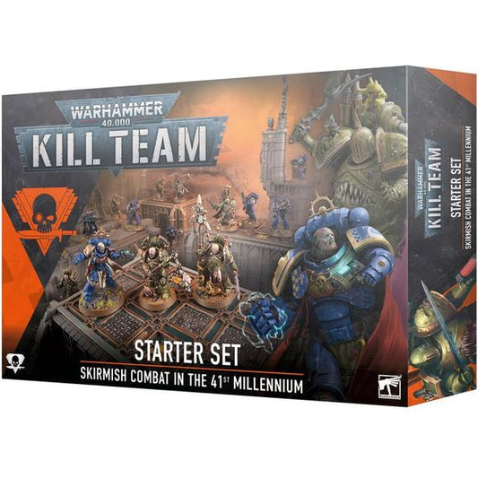 Inside the box, you will find:
– 14x Citadel Miniatures
– 7x Angels of Death Kill Team operatives, cast in blue plastic
– 7x Plague Marine Kill Team operatives, cast in green plastic

– 1x 64-page Kill Team Starter Handbook
– 1x Kill Team token sheet containing 92x tokens
– 2x reference sheets
– 10x D6 dice
– 1x double-sided game board
– 3x sheets of slot-together MDF terrain

The miniatures in this set are each supplied with a sculpted base. These push-fit miniatures are designed to be pushed off their fra