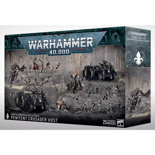 Releases November 29th 2024.
Warhammer 40k Holiday boxes are here! This box contains a Ministorum Priest who leads two Penitent Engines (which can be built as Mortifiers), nine Sisters Repentia and their Repentia Superior, and 10 Arco-Flagellants, along with two Adepeta Sororitas Rhinos which convey their contrite combatants into combat. The box also comes with an Adepta Sororitas Transfer sheet which comprises 290 decals.