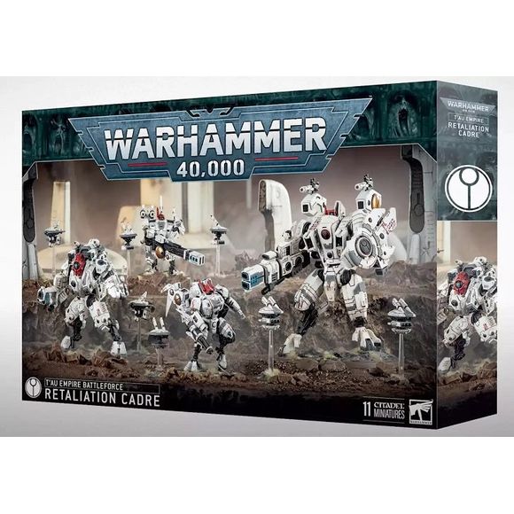 Estimated Release November 29th 2024.
Warhammer 40k Holiday boxes are here! This box contains a Commander and drone, a Riptide Battlesuit and two drones, a Ghostkeel Battlesuit and two drones, and a Broadside Battlesuit and two drones. The box also comes with a T’au Empire Transfer sheet which features 225 decals.