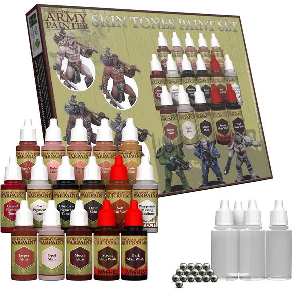 The Skin Tones Paint Set allows you to create highly realistic skin tones on your miniatures. All colours and washes have been carefully developed to cover the widest possible range of natural skin tones - from fair to dark and everything in-between. With a wide combination of base colours, washes, and highlights it is easy to achieve fantastic and realistic results.