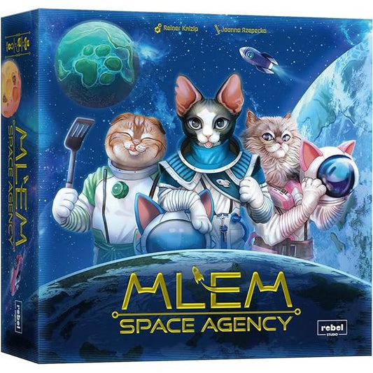 In MLEM: Space Agency, you want to place your "catstronauts" on planets and moon throughout the solar system — and if they happen to venture beyond the Oort Cloud to the Milky Way at large, so much the better.

Each player in the game has a team of eight cats, each with a special power. Each turn, one player is the lead and places a catstronaut of their choice from their remaining crew on the spaceship, after which each other player does the same.

The player then rolls six dice, and (ideally) chooses all d