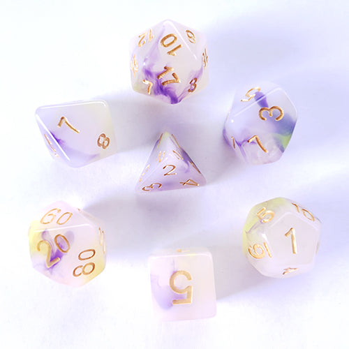 The perfect companion for your gaming needs! These HD acrylic dice are exactly what you've been searching for that upcoming game night with the group. This set includes one of each: d20, d12, d10, d10 (percentile), d8, d6, and a d4 (7 dice in total) in a