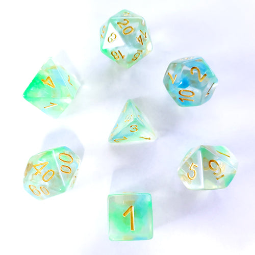 The perfect companion for your gaming needs! These HD acrylic dice are exactly what you've been searching for that upcoming game night with the group. This set includes one of each: d20, d12, d10, d10 (percentile), d8, d6, and a d4 (7 dice in total) in a