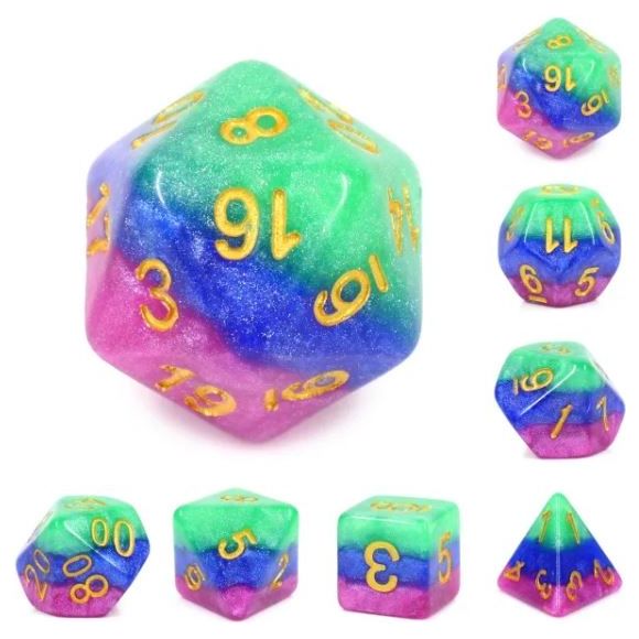 Galactic Dice Premium Dice Sets - Jester's Gambit (Green, Blue, & Purple) Acrylic Set of 7 Dice | Galactic Toys & Collectibles