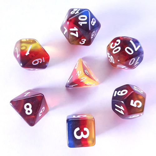 Galactic Dice Premium Dice Sets - Transparent Burning Cloud (Blue, Red, & Yellow) Acrylic Set of 7 Dice | Galactic Toys & Collectibles