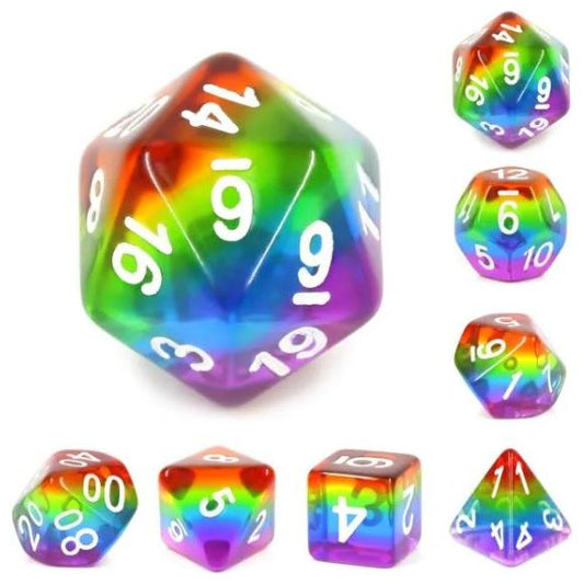 The perfect companion for your gaming needs! These HD acrylic dice are exactly what you've been searching for that upcoming game night with the group. This set includes one of each: d20, d12, d10, d10 (percentile), d8, d6, and a d4 (7 dice in total) in a