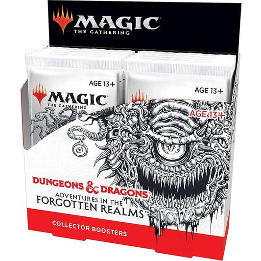 The Adventures in the Forgotten Realms Collector Booster Box contains 12 Adventures in the Forgotten Realms Collector Boosters. Each Collector Booster contains 15 Magic cards and 1 traditional foil double-sided token, with a combination of 5 Rares and/or Mythic Rares, 2–5 Uncommons, 4–7 Commons, and 1 Land card. In each pack, you’ll find a total of 4–5 Showcase or Borderless cards, 2–3 Extended-Art cards, and 10 traditional foil cards. Foil Mythic Borderless Planeswalker in 4% of boosters.